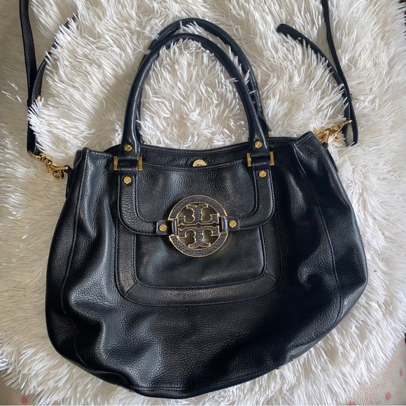 Tory Burch Amanda black pebbled leather double handles w shoulder strap hand bag - Picture 2 of 16